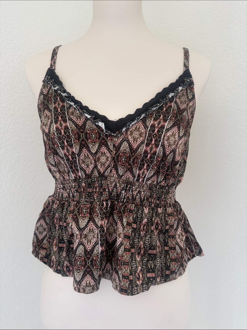 Shyanne Patterned Lace-Trim Smocked Peplum Camisole